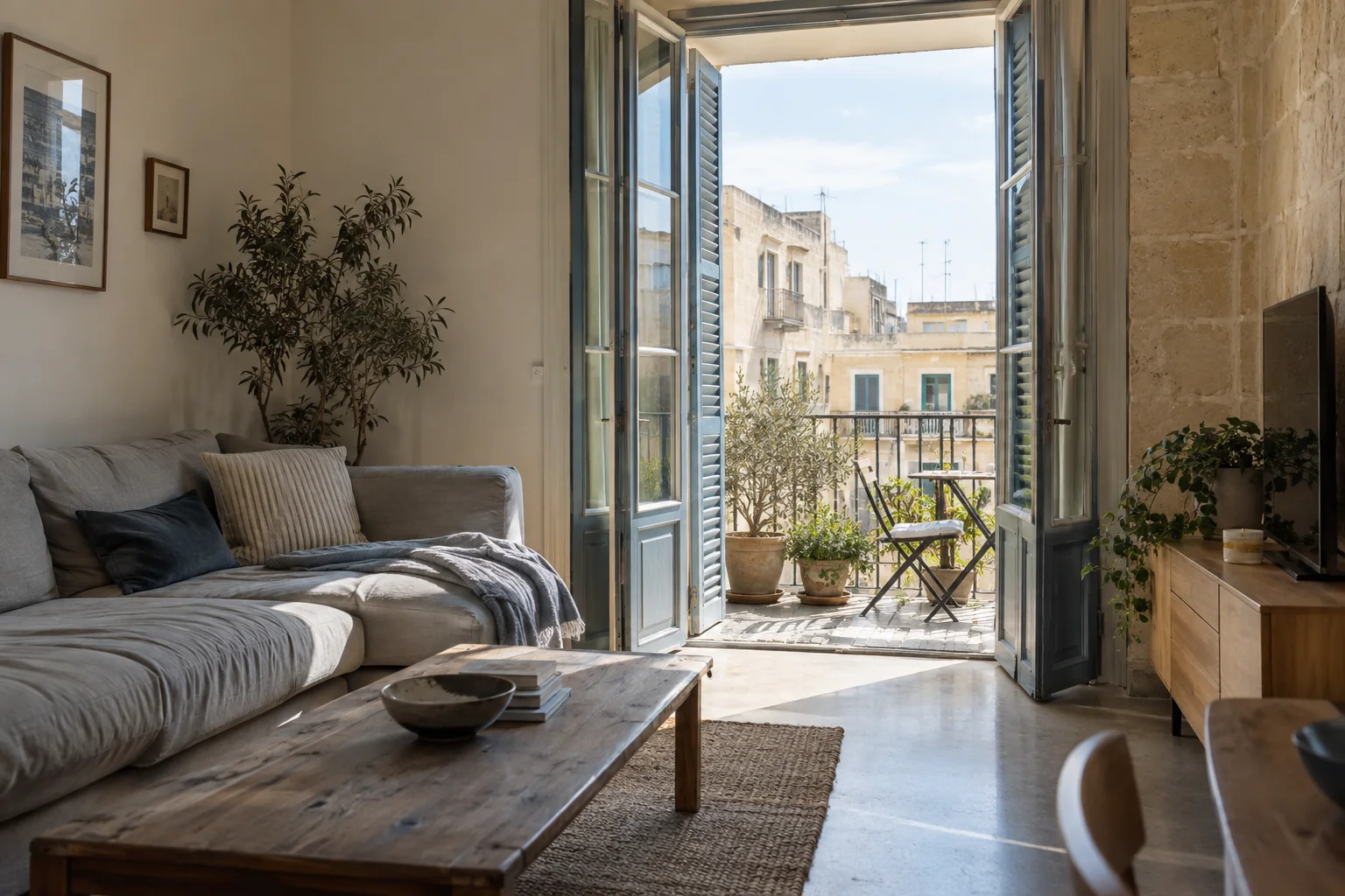 Illustrative Maltese apartment overlooking a limestone neighbourhood